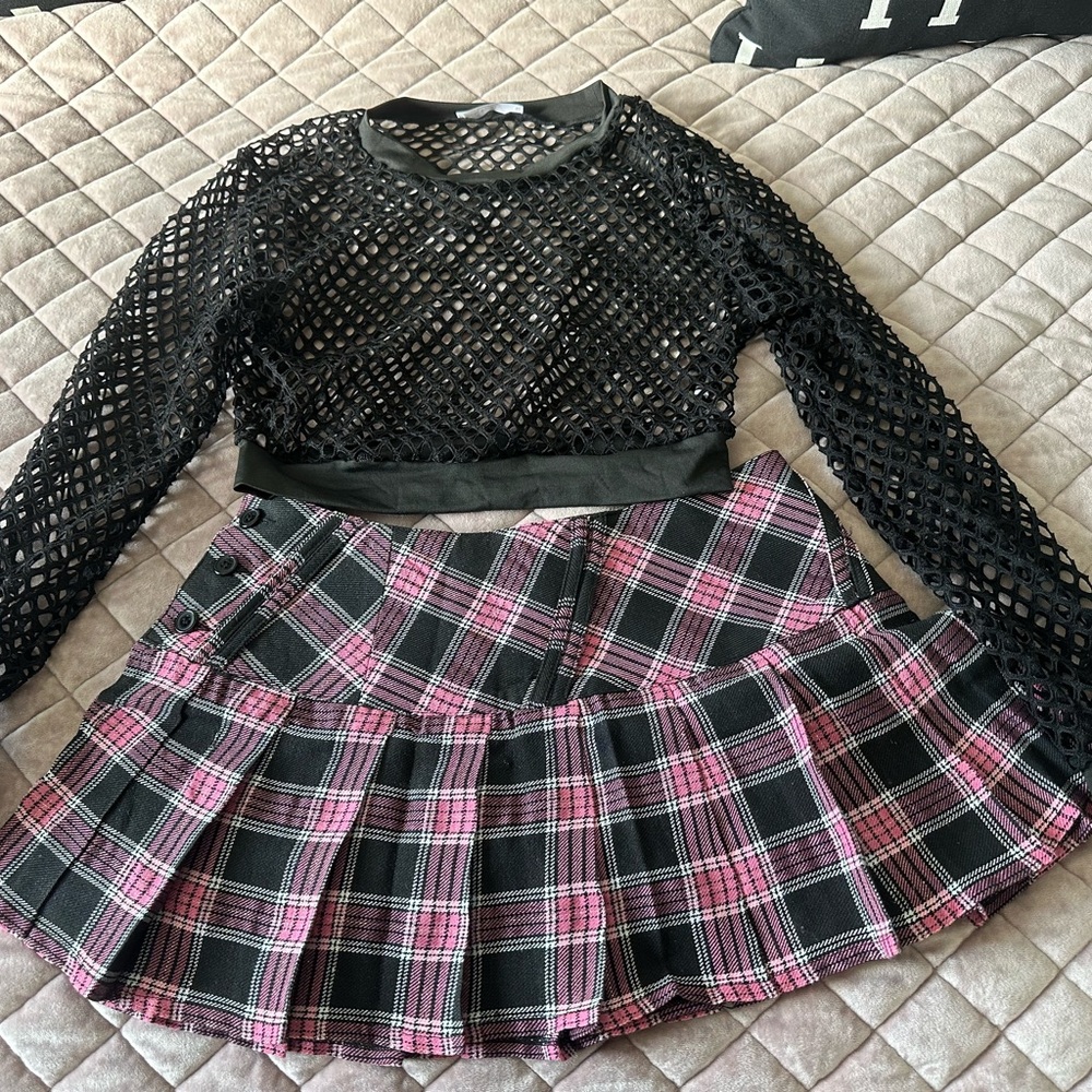 Plaid Pink and Black Women's Skirt and fishnet top